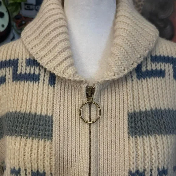 Vintage 1970s Men’s Pendleton Cream And Blue Zip Up Sweater. 100% Virgin Wool - Picture 5 of 8